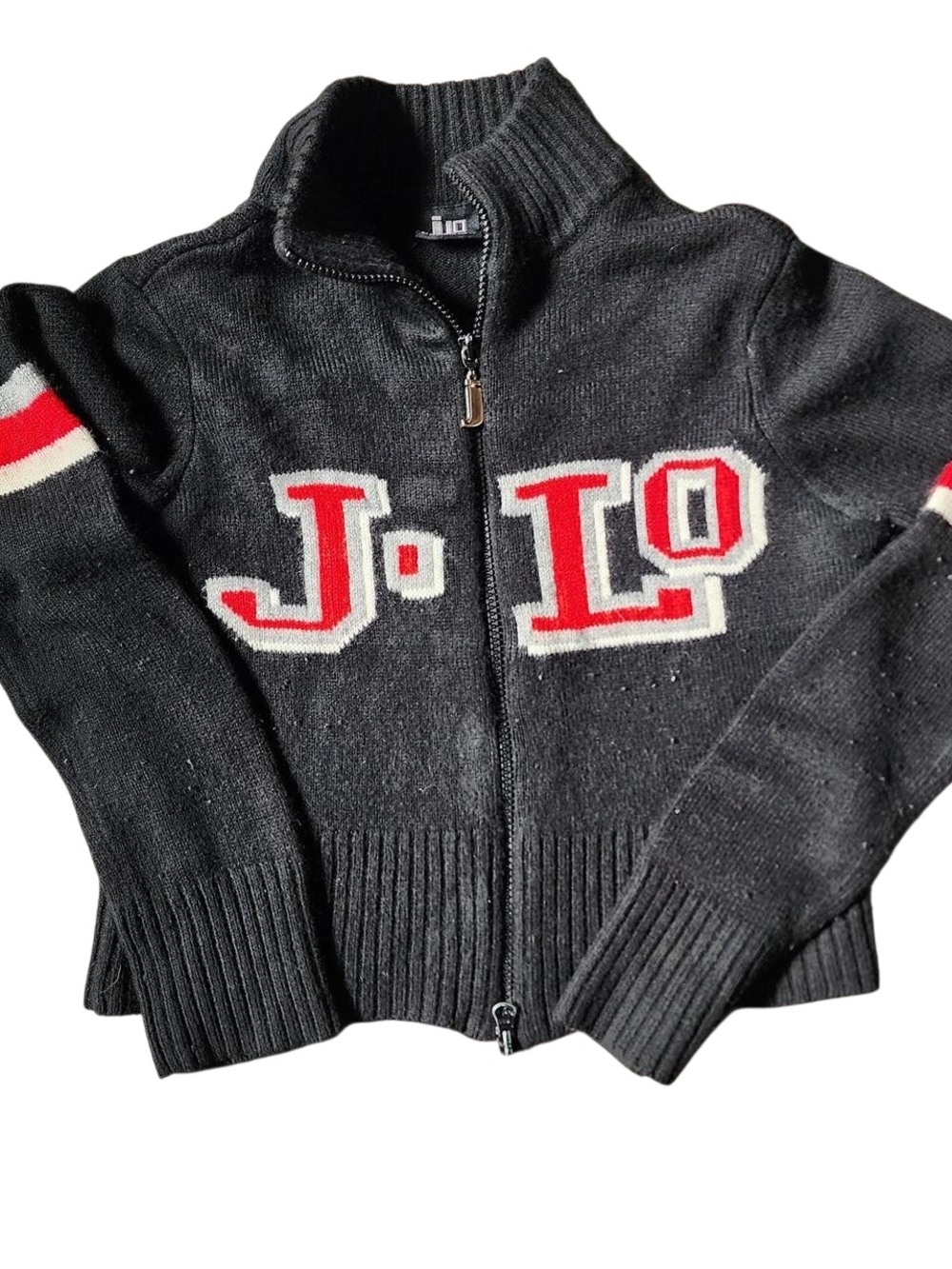 Vintage Jennifer Lopez Black Knit Cropped Zip Sweater with J-Lo Logo